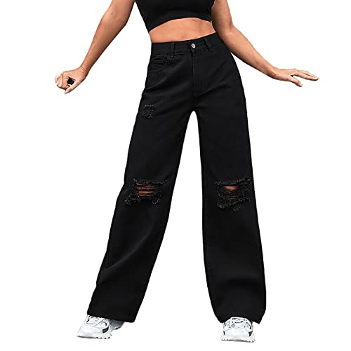 Frühling Sommer Damen Jeans Mit Löchern Taschen Baggy High Waist Jeanshose Gerade Breites Bein Jeanshosen Boyfriend Hose Locker Stoff Freizeithosen Große Größen Langgröße Damenhosen (ZA-Black, M) von Generisch