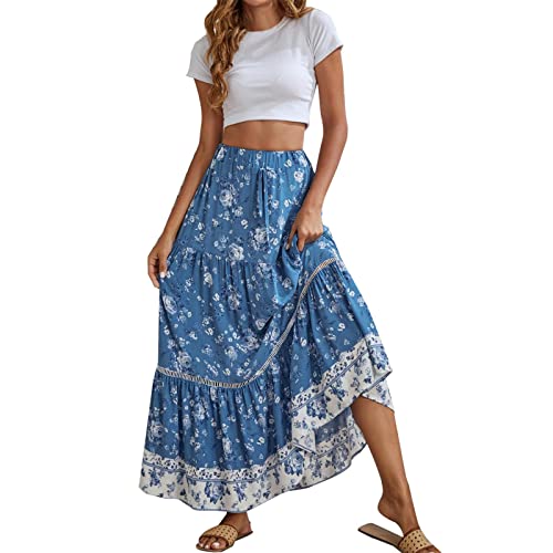 Frühling Sommer Langer Rock Damen Boho Lässig Mit Blumenmuster Hohe Taille Elegant Modische Atmungsaktiv Röcke High Waist Midi Elegante Freizeitrock Langes Damenrock Lockere Bequem Röck (Blue, XL) von Generisch