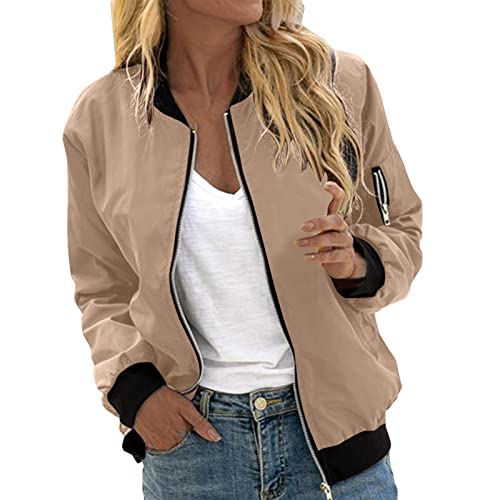 Frühlingsjacke Damen Kurze Blouson Sommer Jacke Leichte Jacke Sommerjacke College Casual Pilotenjacke Herbst Jacket Mädchen Rote Jacke Langarm Outwear Zip Up Solid Leichte Sweatjacke Coat Khaki#02 XXL von Generisch