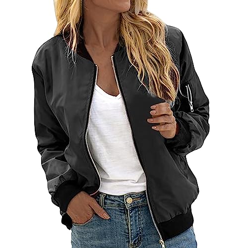 Frühlingsjacke Damen Kurze Blouson Sommer Jacke Leichte Jacke Sommerjacke College Casual Pilotenjacke Herbst Jacket Mädchen Rote Jacke Langarm Outwear Zip Up Solid Leichte Sweatjacke Coat Schwarz#02 M von Generisch