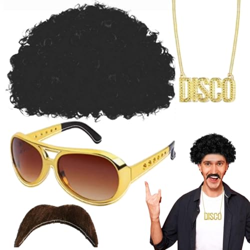 Funky Perücke - Disco -Outfit | Afro -Perücke | Hippie -Kostüm || 70er Jahre Hippie Afro Haare Mit Sonnenbrille || Schnurrbart, Friedenszeichen Halskette Und Sonnenbrille - 50/60/70er Jahre von Generisch