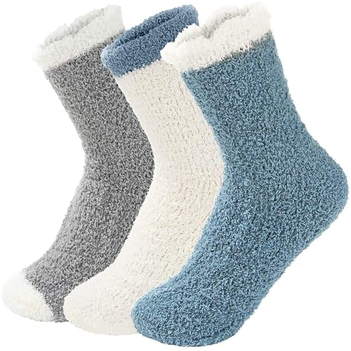 Fuzzy Damen-Socken, gemütlich, Winter, Hüttenpantoffeln, warm, weich, dick, bequem, 3 Paar, Patchwork-Socken für Damen, blau, Einheitsgröße Fuzzy Damen-Socken, gemütlich, Winter, Hüttenpantoffeln, warm, weich, dick, bequem, 3 Paar, Patchwork-Socken für Damen, blau, Einheitsgröße von Generisch