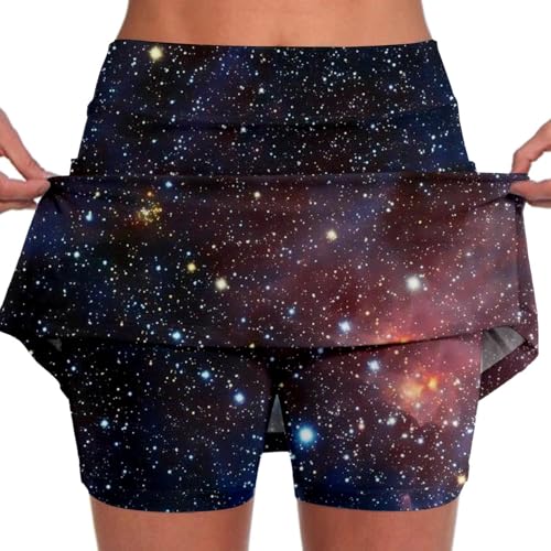 Galaxy Costume, Glitzer Rock, Galaxy Kostüm Damen Space Bunte Hosenrock Muster Eng 2 in1 Sport Leggings mit Rock Weltall Kostüm Batik Tennisrock Galaxy Kostüm Skater Rock mit Shorts von Generisch
