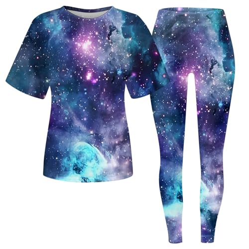 Generisch Galaxy Kostüm Damen Set Bunte Kurzarm Shirt und Galaxie Leggings 3d Bedrucken Karnevals Kostüme Ausgefallene Weltraum Kostüm 2 Teilig Space Kostüm fur Frauen von Generisch