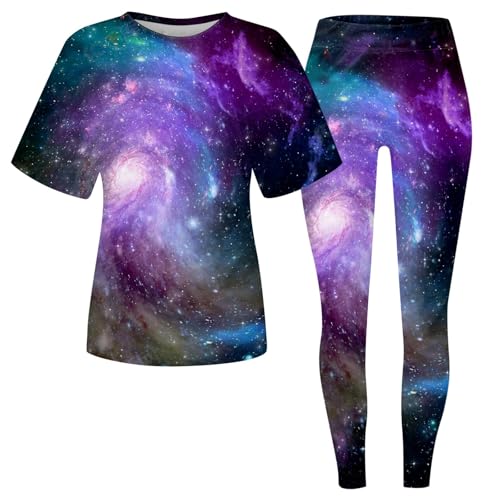 Generisch Galaxy Kostüm Damen Set Bunte Kurzarm Shirt und Galaxie Leggings 3d Bedrucken Karnevals Kostüme Ausgefallene Weltraum Kostüm 2 Teilig Space Kostüm fur Frauen von Generisch