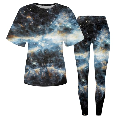 Generisch Galaxy Kostüm Damen Set Bunte Kurzarm Shirt und Galaxie Leggings 3d Bedrucken Karnevals Kostüme Ausgefallene Weltraum Kostüm 2 Teilig Space Kostüm fur Frauen von Generisch