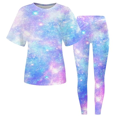 Generisch Galaxy Kostüm Damen Set Bunte Kurzarm Shirt und Galaxie Leggings 3d Bedrucken Karnevals Kostüme Ausgefallene Weltraum Kostüm 2 Teilig Space Kostüm fur Frauen von Generisch