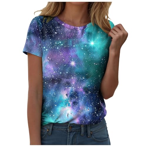 Generisch Damen Galaxy T-Shirt XXL Hellblau-d Kurzarm Rundhalsausschnitt Glitzer Galaxie Universum Stern Weltraum Grafik 3D Bedrucken Karnevalskostüme von Generisch