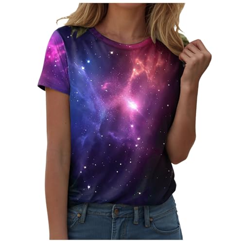 Generisch Damen Galaxy T-Shirt XL Hot Rosa-a, Kurzarm, Rundhalsausschnitt, Galaxie-Druck, Glitzer, 3D-Druck, Oversized, Karnevalskostüm, Weltraum, Universum, Stern, Frauen, Herbst, Winter von Generisch