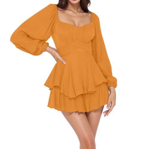 Gebauschtes Rüschenkleid mit integrierten Shorts, schulterfrei, Stufenkleid Chiffon, Weißes Kleid,Freizeitkleid Damen Jumpsuit Laterne Langarm Rüschen Layer Mini Kurz Strampler (12-Orange, S) von Generisch