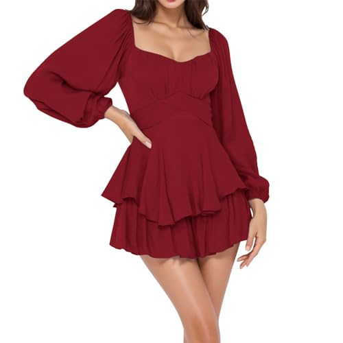 Gebauschtes Rüschenkleid mit integrierten Shorts, schulterfrei, Stufenkleid Chiffon, Weißes Kleid,Freizeitkleid Damen Jumpsuit Laterne Langarm Rüschen Layer Mini Kurz Strampler (M) von Generisch