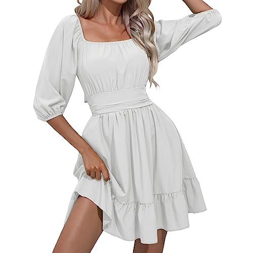 Generisch Damen Rüschenkleid mit integrierten Shorts, schulterfrei, Stufenkleid aus Chiffon, Freizeitkleid in Weiß, Größe S von Generisch