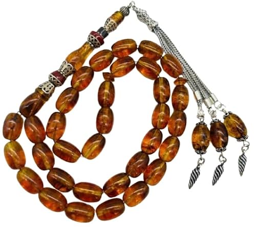 Gebetskette aus Bernstein & 925 Silber Baltık Damla Kehribar Tesbih Gümüş Püskül Amber Tespih Bernstein Gebetskette Subha Misbaha OSMANLI, Misbaha, Rosary, Tasbih Silver von Generisch