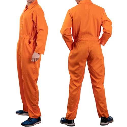 Geflüchteter Gefangener Kostüm Overall Herren Gefangenenkostüm Orange Halloween Cosplay, Sträfling Kostüm, Classic Orange Prisoner Overall, Jumpsuit Boiler Convict Prison Suit mit Handschellen von Generisch