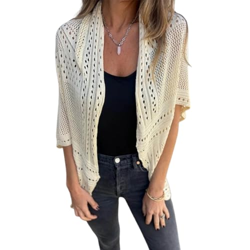 Gehäkelte Sommer-Strickjacke für Damen, Hohlstrick-Halbarm-Strickjacke, Leichte Hohlstrick-Halbarm-Strickjacke (apricot,3XL) von Generisch