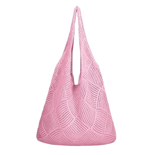Gehäkelte Strandtasche Damen, Häkeltasche Strandtasche, Gestrickte Umhängetasche Sommer Leichte Strick Tote Tasche, Beach Bag Netz für Urlaub Reisen Strand und Einkaufen (Rosa, Einheitsgröße) von Generisch