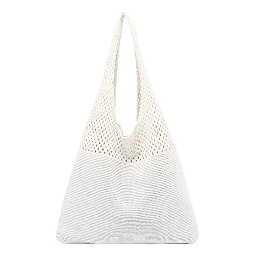 Gehäkelte Strandtasche Damen Geflochtene Tasche Häkeltasche Boho Tasche Groß Umhängetasche Sommertaschen Beach Bag Netz Strandbeutel Gestrickte Handtasche für Urlaub Reisen Strand Alltag (Weiß) von Generisch