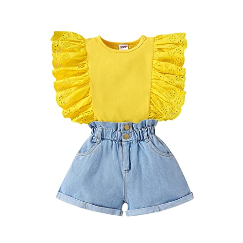 Gelb Bekleidungssets Für Mädchen 128 Baumwolle Zweiteiler Sommer Outfit Jeans Kurze Hose Und Top Mit Rüschen Freizeitanzug Casual Kinderkleidung Lässige 2 Piece Set von Generisch