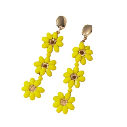 Gelbe 3 Blumen Perlen Lange Quasten Ohrringe, Sommer Statement Boho Perlen Lange Fransen Tropfen Baumeln Kronleuchter Ohrringe für Frauen Sommer Urlaub Schmuck von Generisch