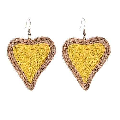 Gelbe Boho Raffia Haken Ohrringe für Frauen und Mädchen Handgefertigte Geflochtene Leichte Rattan Herz Ohrhänger Trendy Süßes Sommer Schmuck Geschenk von Generisch