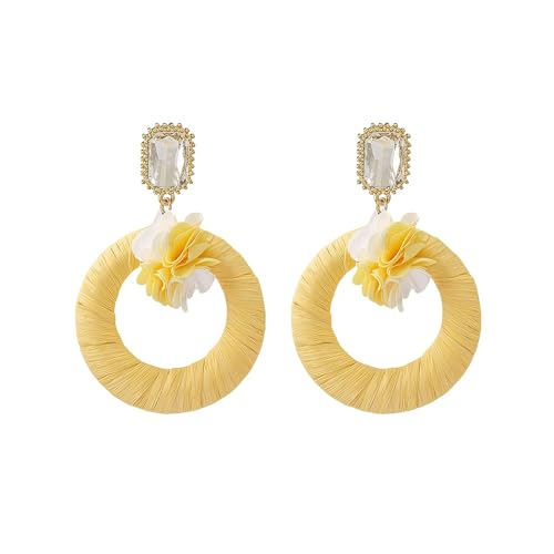 Gelbe Runde Raffia Ohrhänger für Damen – Handgefertigte Gewebte Boho Blumen Ohrstecker Im Retro Stil, Tropischer Urlaubsschmuck für Den Sommerstrand von Generisch