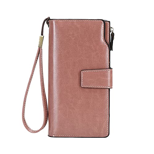 Geldbörse,Damen-Außenhandel RFID-Bürste, langes Ölwachsleder, Vintage-Geldbörse, europäische und amerikanische Handtasche mit großer Kapazität Geldbörsen Männer Klein (Pink, One Size) von Generisch