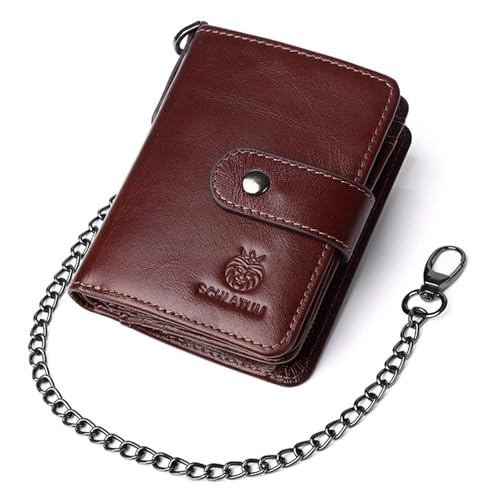 Geldbörse Geldbeutel Herren Leder mit RFID Schutz - Brieftasche Klein mit Kette - Portmonee Herren Reißverschluß Münzfach - Wallet Ledergeldbeutel(Coffee) von Generisch