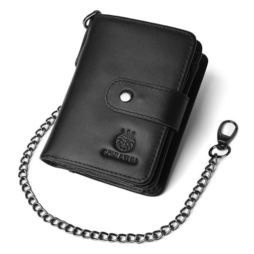 Geldbörse Geldbeutel Herren Leder mit RFID Schutz - Brieftasche Klein mit Kette - Portmonee Herren Reißverschluß Münzfach - Wallet Ledergeldbeutel(Schwarz) von Generisch