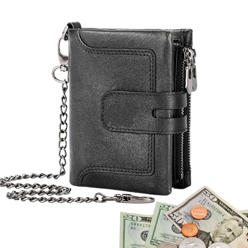 Geldbörse aus Leder mit Kette – Retro-Stil in Kuhlinie, Vintage-Schnallen-Finish | Organizer mit mehreren Reißverschlussfächern für den lässigen Papierausgang für Herren, die von Generisch