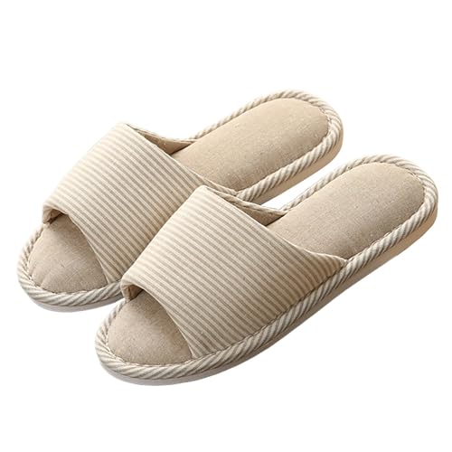 Gemütlich Leinen Hausschuhe Für Den Innenbereich Komfortabel Pantoffeln Damen Herren Waffel Offene Zehen Slip-On Memory Foam Flach Rutschfeste Haushaltsschuhe Flache Hüttenschuhe Slippers von Generisch