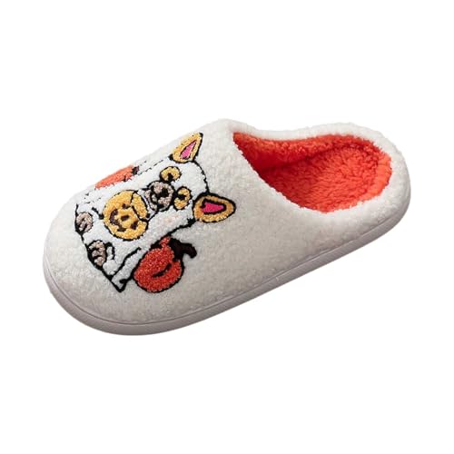 Gemütliche Halloween-Hausschuhe für Damen mit Kürbis- und Hundedesign, weiche Fleece-Schuhe für drinnen und draußen, lässige Kleidung (White, 45) von Generisch