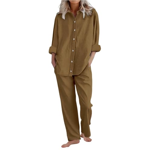 Generico Angebote Heute Damen Leinen Set 2 Stück Lange Hose Sommer 2025 Elegant Übergröße Lose T-Shirt + Hose Gym Curvy Set Bequeme 3/4 Ärmel Set Strand, Kaffee, 52 von Generisch