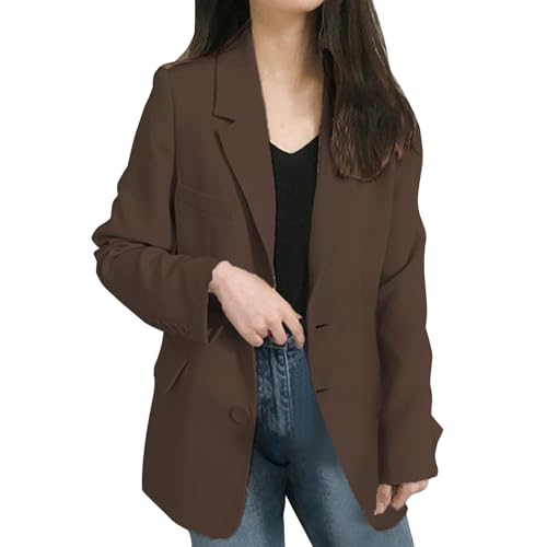 Generico Blazer Damen Curvy Elegante Zeremonie Anzugjacken und Blazer für Damen Winter Leichte Tailleur Jacke Temperament Sommer Blazer Damen mit Revers einfarbig Mantel, Kaffee, 4XL Große Größen von Generisch