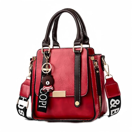 Generico Damen-Handtasche aus PU-Leder mit mehreren Taschen und Bären-Anhänger, kann über der Schulter oder in der Hand getragen werden., bordeaux von Generisch