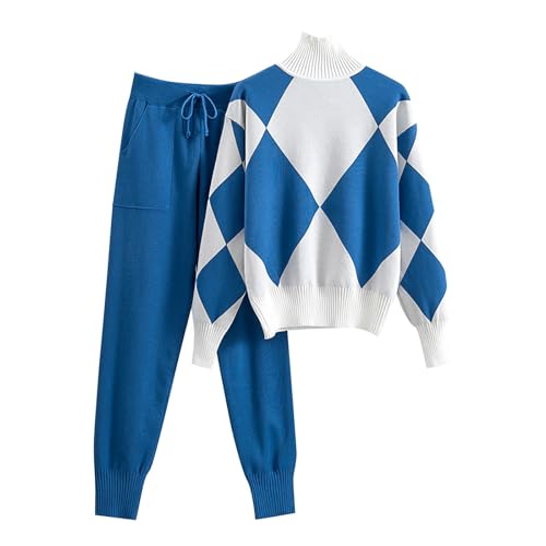 Generico Damen Strickanzüge Curvy Zweiteiliges Oberteil und Hose Langarm Pullover Übergröße Lose Sport Shirts Einfarbig Tracksuit Bequeme Sweatshirt Winter Outfit Komplett Set Weich, blau, M von Generisch