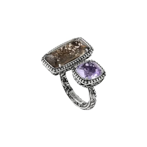 Generico Ellius Damen-Ring Estasi Kollektion Seicento aus 925er-Silber | Barockring mit doppeltem Stein in Rauchgrau und Violett | verstellbarer Schmuck, handgefertigt in Italien von Generisch