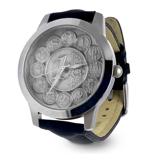 Generico Euro-Uhr und europäische Münzen, Gehäuse aus Stahl und Zifferblatt aus Silber 925/1000, reproduziert die 1-Euro-Münze und alle im Jahr 2002 ersetzten Münzen, silber / schwarz, Armband von Generisch