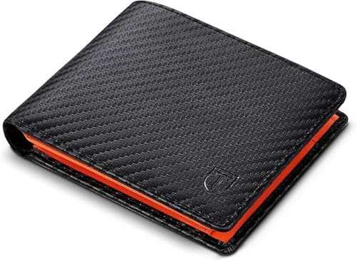 Generico Herren-Geldbörse aus echtem Leder mit RFID-/NFC-Blockierung, 9 Kreditkartenfächer, schwarz / orange, S, Klassisch von Generisch