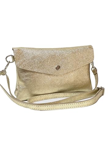 Generico Umhängetasche aus laminiertem Echtleder, Envelope-Design mit Knopfverschluss, Helles Gold von Generisch