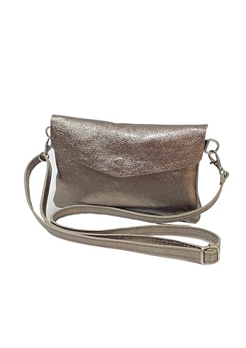 Generico Umhängetasche aus laminiertem Echtleder, Envelope-Design mit Knopfverschluss, Taupe von Generisch