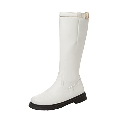 Generisch , einfarbig, Gürtelschnalle, dekorativer seitlicher Reißverschluss, Flacher Boden, Lange Stiefel Weiße Damen 43 (White, 38) von Generisch