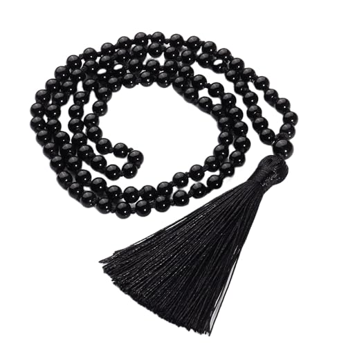 Generisch 108 Mala-Perlen-Halskette für Herren und Damen,Natürlicher Edelstein,Obsidian-Armband,Lange Halskette Mit Handgeknüpfter Quaste,Gebet,Spiritueller Schmuck,Geschenke,6 Mm,Schwarzer Onyx von Generisch