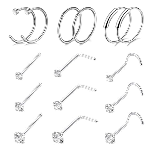 Generisch 15 Stück 20G Nasenpiercing, 316L Edelstahl Silber Gold Nasenring Nasenstecker L/Screw/Straight-Form CZ Nasenpiercing Nose Stud Nostril Piercing Schmuck für Damen Herren (Silber) von Generisch