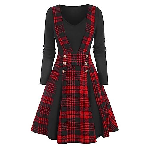 Generisch 1950er Kleider Damen Vintage Rockabilly Kariertes Kleid Rot Schwarz Faltenkleid Elegant Steampunk Gothic Kleider V Ausschnitt Langarm Taille Midikleid Für Halloween Karneval Fasching von Generisch