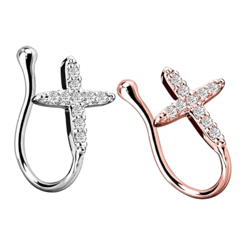 Generisch 2 Stück Fake Nasenringe Zirkonia Nasenstecker Roségold Modischer Körperschmuck für Damen Einfaches Anbringen Strahlender von Generisch