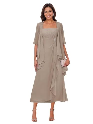 Generisch 2 Stück Mutter der Braut Kleider für Hochzeit Halbe Ärmel Lange Chiffon Rüschen Formelle Abendkleider mit Jacke Taupe 42 von Generisch