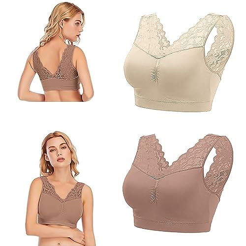 Generisch 2 Stück Nahtloser Komfort-BH für Damen – Damen-Spitzen-Bralette ohne Bügel mit herausnehmbarer Polsterung – schweißabsorbierender & atmungsaktiver Yoga-Sport-BH - Khaki & Beige - M von Generisch