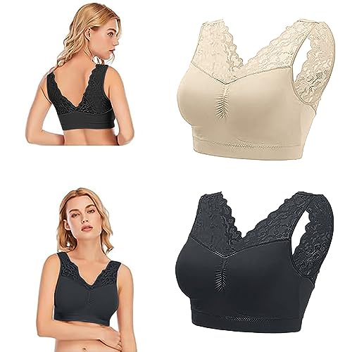 Generisch 2 Stück Nahtloser Komfort-BH für Damen – Damen-Spitzen-Bralette ohne Bügel mit herausnehmbarer Polsterung – schweißabsorbierender & atmungsaktiver Yoga-Sport-BH - Schwarz & Beige - L von Generisch