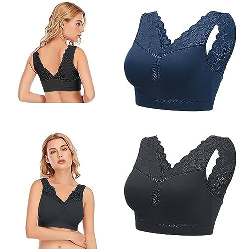 Generisch 2 Stück Nahtloser Komfort-BH für Damen – Damen-Spitzen-Bralette ohne Bügel mit herausnehmbarer Polsterung – schweißabsorbierender & atmungsaktiver Yoga-Sport-BH - Schwarz & Dunkelblau - XL von Generisch