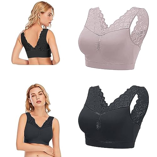 Generisch 2 Stück Nahtloser Komfort-BH für Damen – Damen-Spitzen-Bralette ohne Bügel mit herausnehmbarer Polsterung – schweißabsorbierender & atmungsaktiver Yoga-Sport-BH - Schwarz & Helllila - M von Generisch